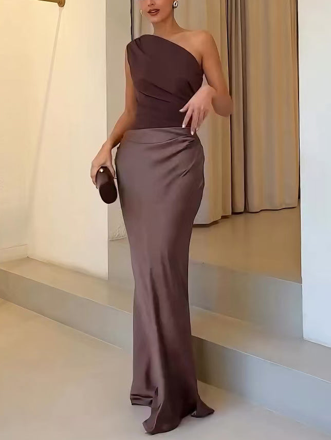 Satin Maxi Dress Women One Shoulder Patchwork Evening Party Brown