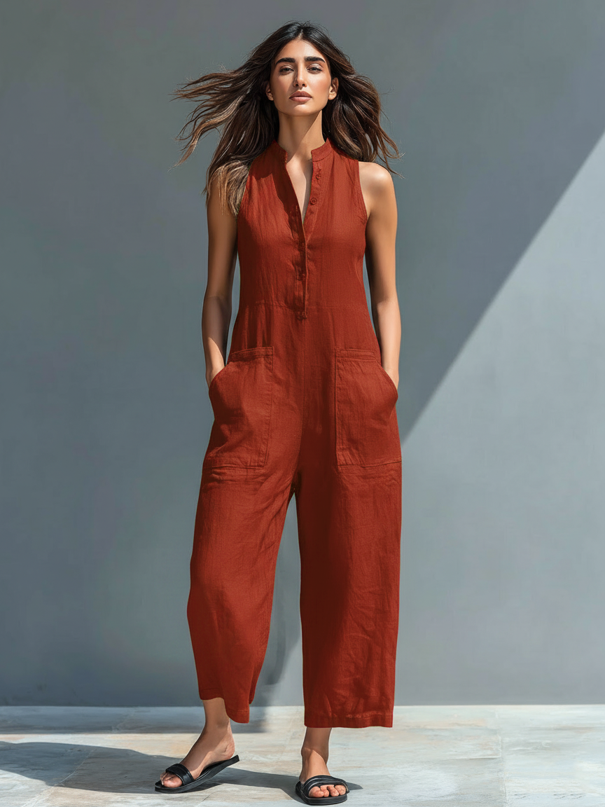 Linen Jumpsuit Women Sleeveless Stand Collar Loose