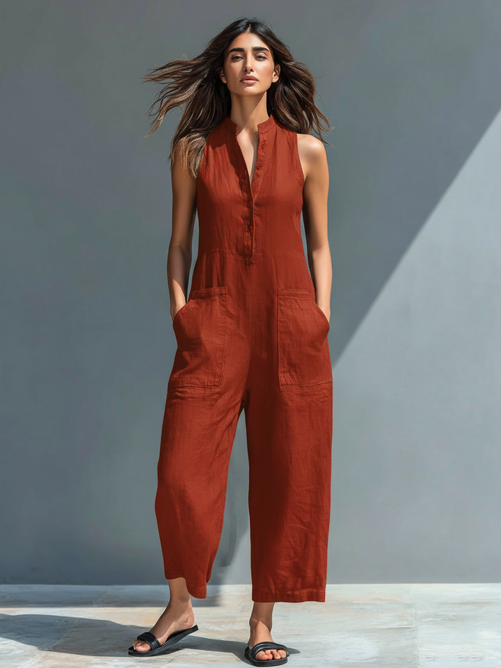 Linen Jumpsuit Women Sleeveless Stand Collar Loose