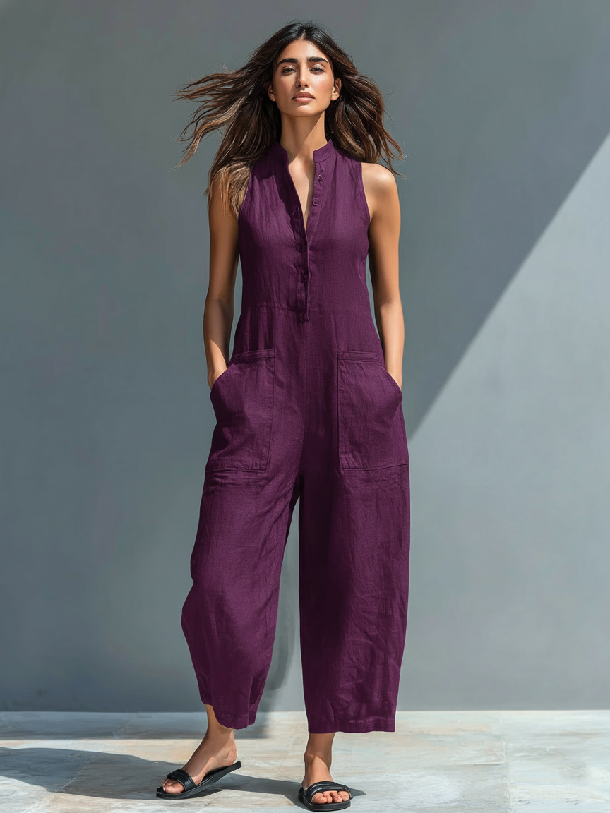 Linen Jumpsuit Women Sleeveless Stand Collar Loose