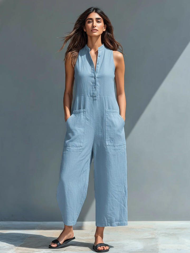 Linen Jumpsuit Women Sleeveless Stand Collar Loose