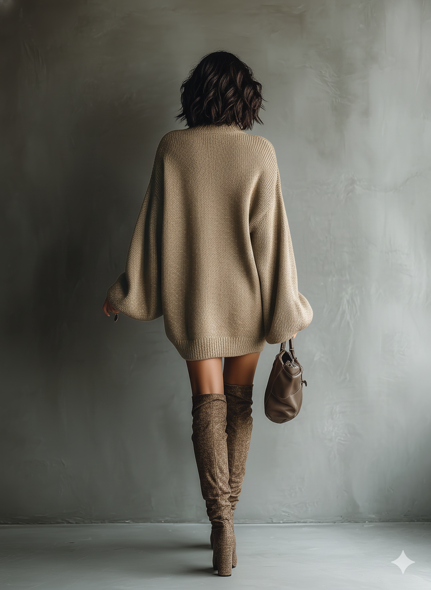 Knit Mini Dress Women Crew Neck Vintage Caramel Brown