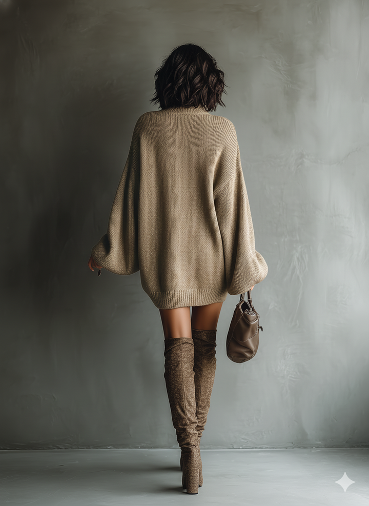 Knit Mini Dress Women Crew Neck Vintage Caramel Brown