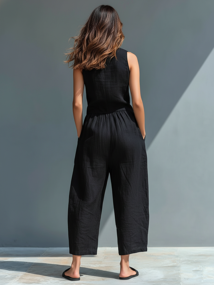 Linen Jumpsuit Women Sleeveless Stand Collar Loose