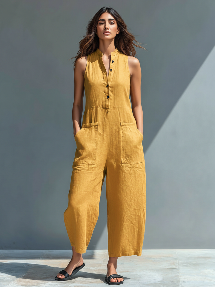 Linen Jumpsuit Women Sleeveless Stand Collar Loose
