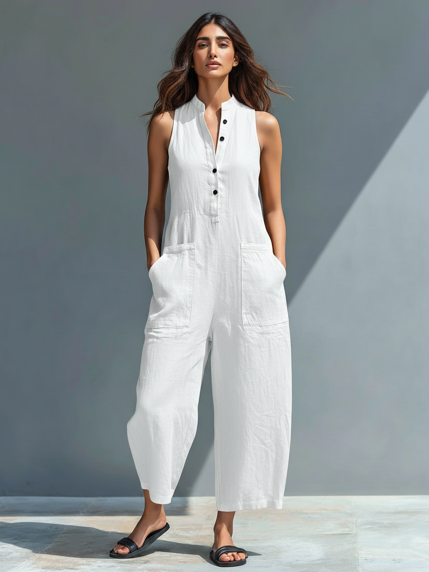 Linen Jumpsuit Women Sleeveless Stand Collar Loose