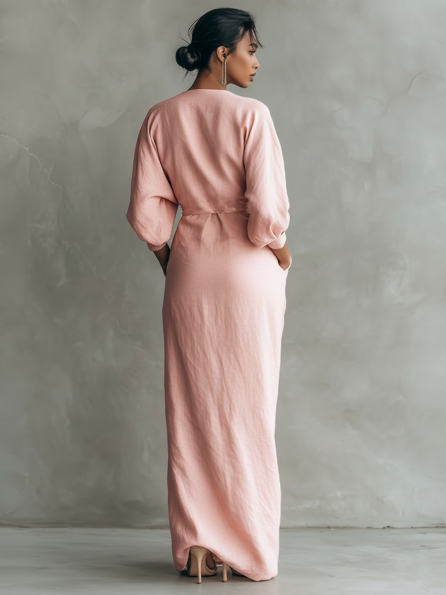 Linen Maxi Dress Women V-Neck Relaxed Pink Summer