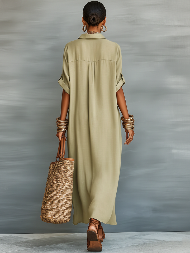 Linen Shirt Maxi Dress Women Short Sleeve Casual