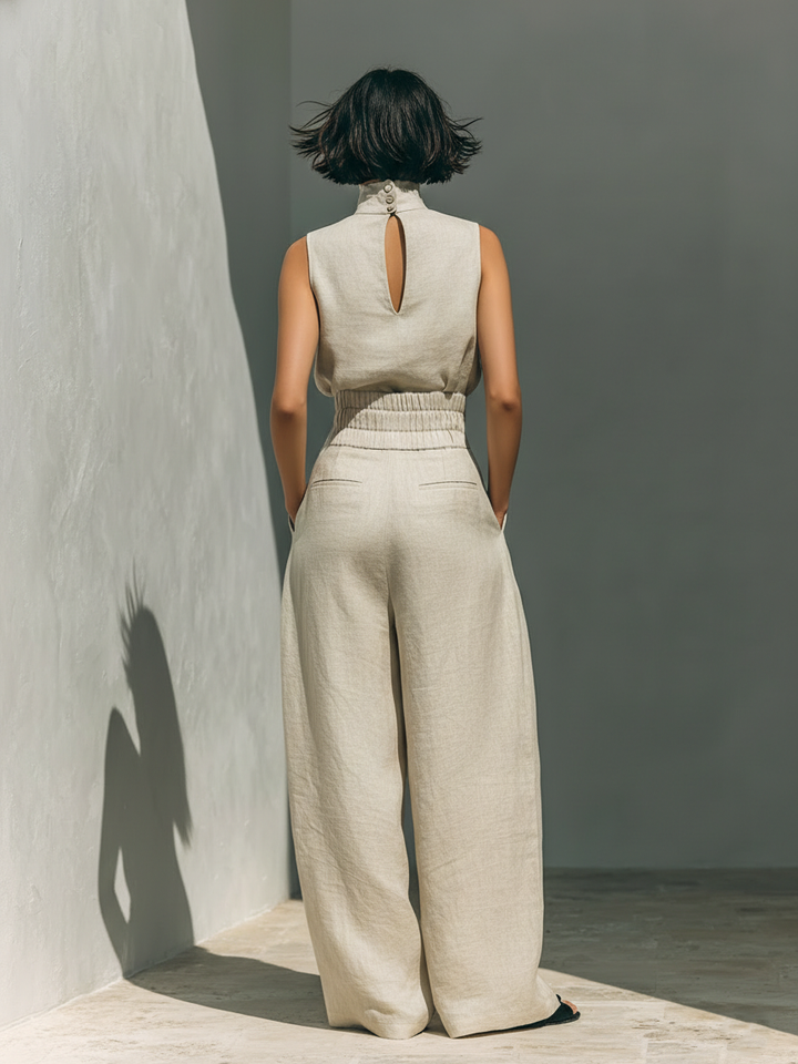 Linen Two-Piece Set Women Sleeveless Blouse Wide Leg