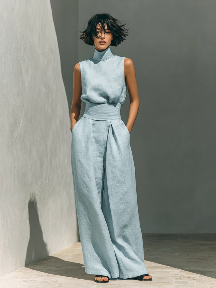 Linen Two-Piece Set Women Sleeveless Blouse Wide Leg