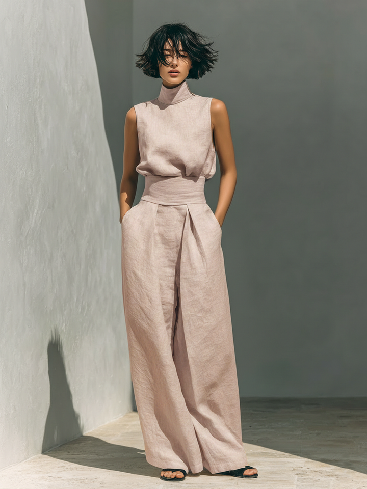 Linen Two-Piece Set Women Sleeveless Blouse Wide Leg