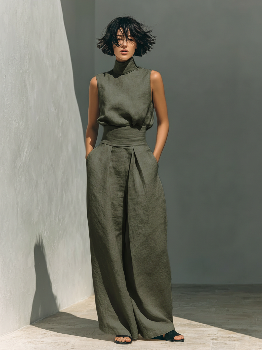 Linen Two-Piece Set Women Sleeveless Blouse Wide Leg