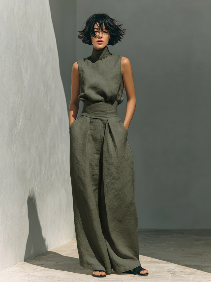 Linen Two-Piece Set Women Sleeveless Blouse Wide Leg