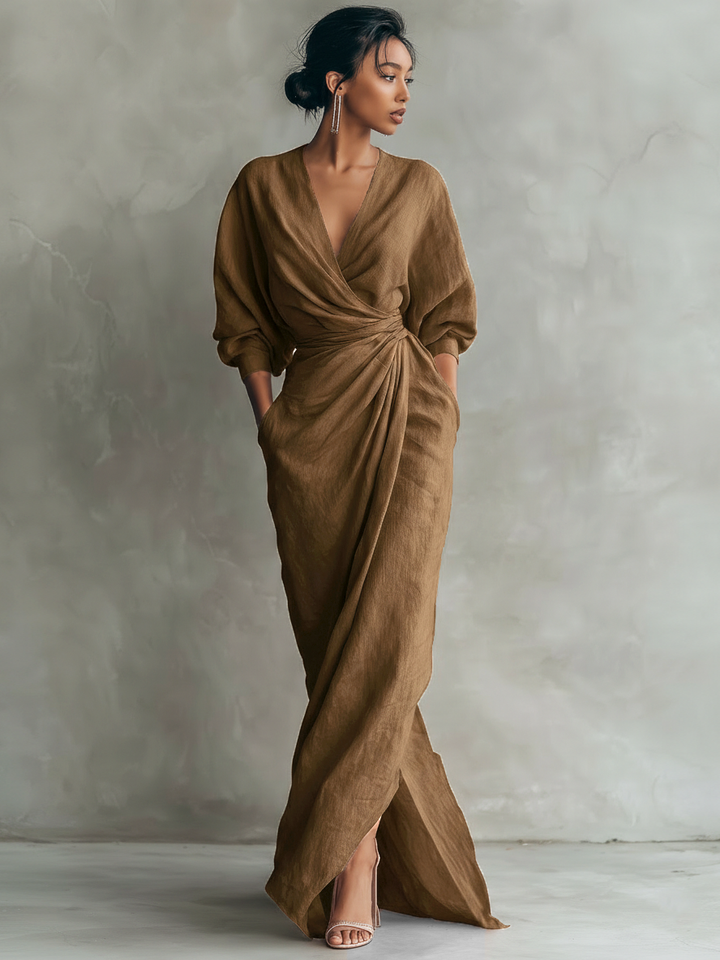 Linen Maxi Dress Women V-Neck Relaxed Pink Summer