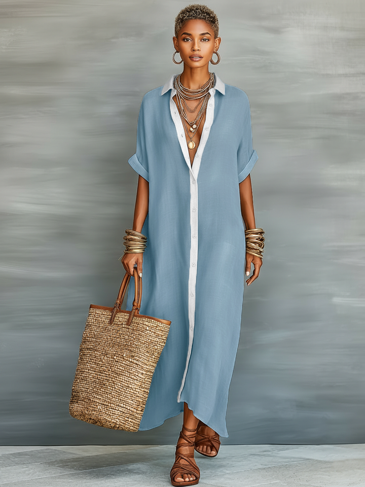 Linen Shirt Maxi Dress Women Short Sleeve Casual