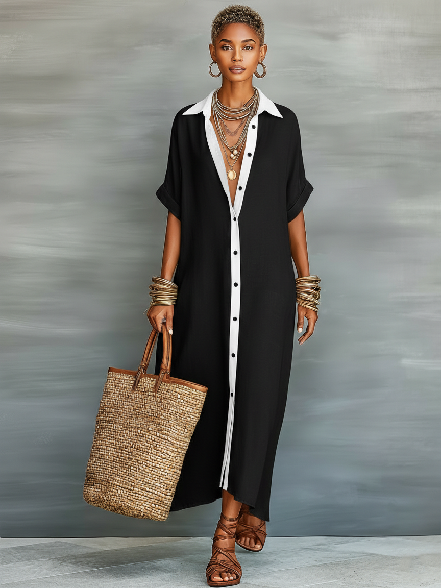 Linen Shirt Maxi Dress Women Short Sleeve Casual