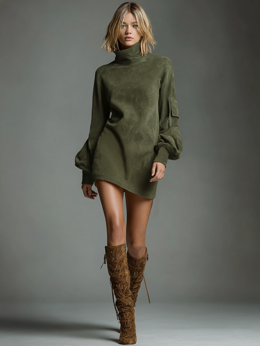 Suede Mini Dress Women Turtleneck Loose Vintage Winter