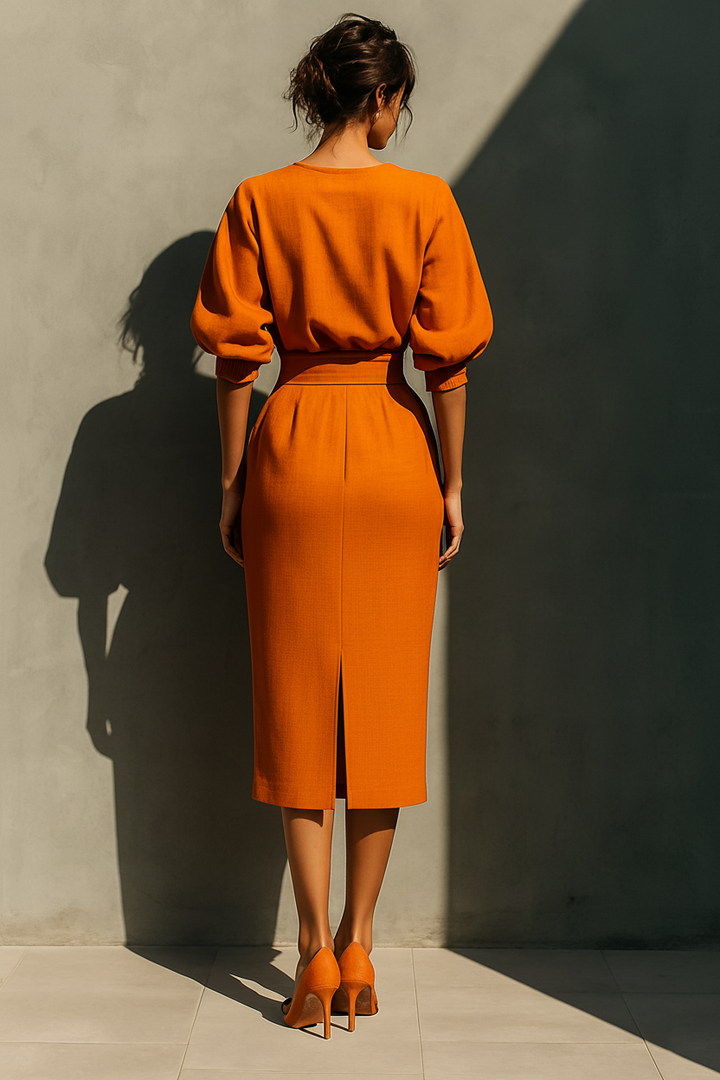 Two-Piece Set Women Puff Sleeve Midi Skirt Orange