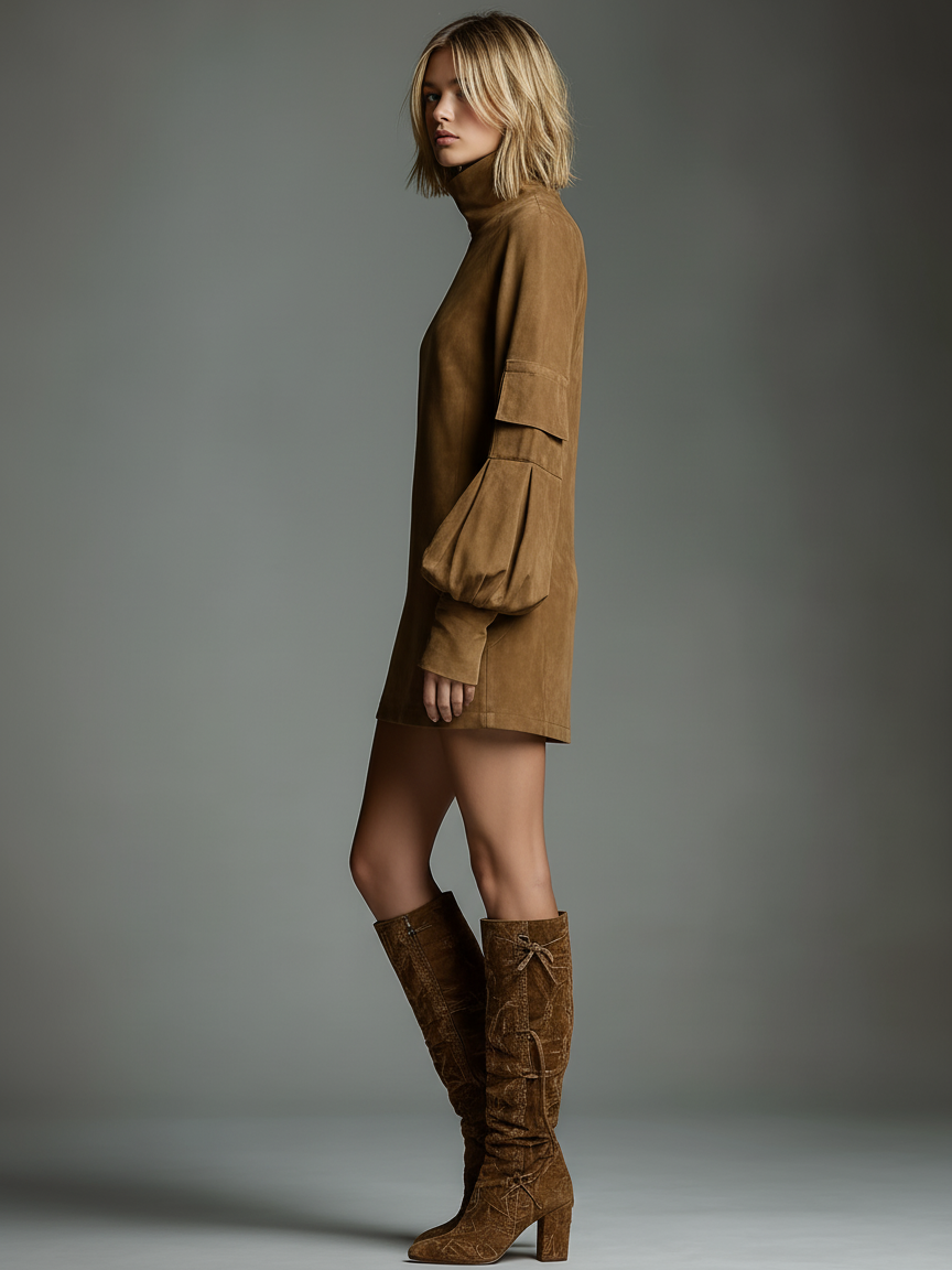 Suede Mini Dress Women Turtleneck Loose Vintage Winter