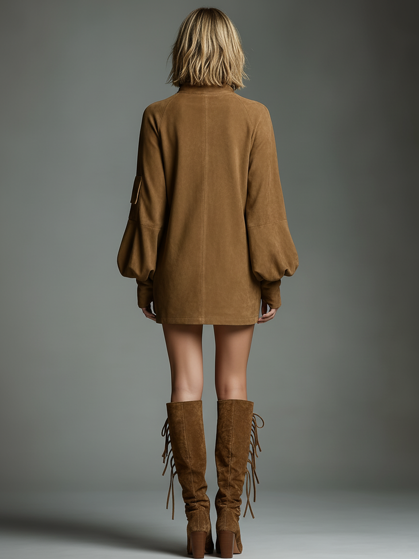 Suede Mini Dress Women Turtleneck Loose Vintage Winter