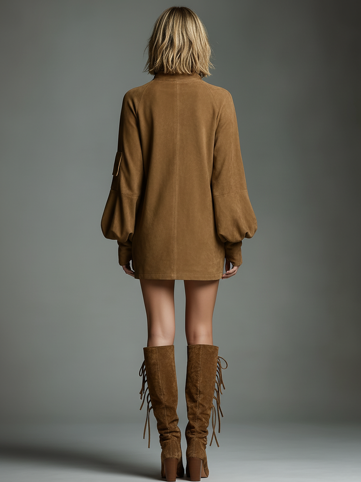 Suede Mini Dress Women Turtleneck Loose Vintage Winter