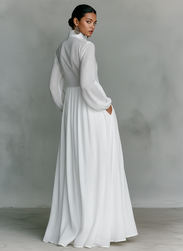 Linen Maxi Dress Women Stand Collar Patchwork Relaxed