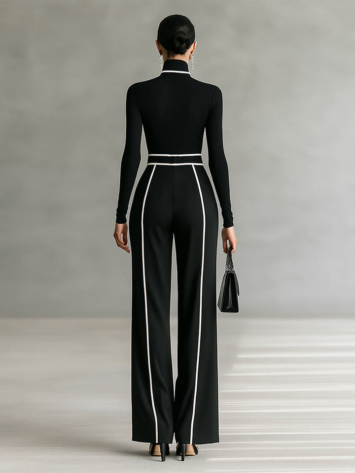 Two-Piece Set Women Turtleneck White Trim Belted Wide Leg