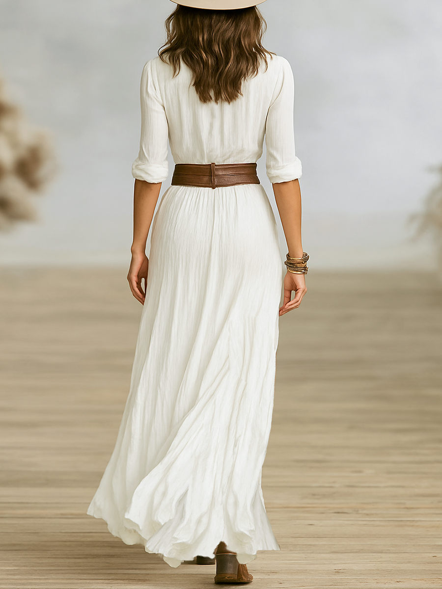 Linen Maxi Dress Women Lapel Pleated Long Sleeve