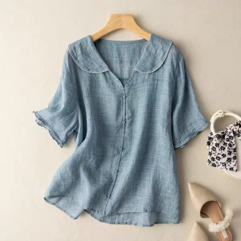 Vintage Blouse Women Scalloped Collar Loose Airy Elegant Casual