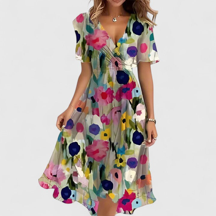 Floral Short Dress Women V-Neck Flutter Sleeve Hi-Low