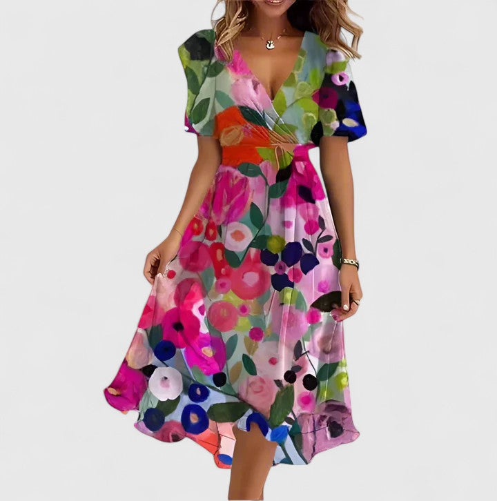 Floral Short Dress Women V-Neck Flutter Sleeve Hi-Low