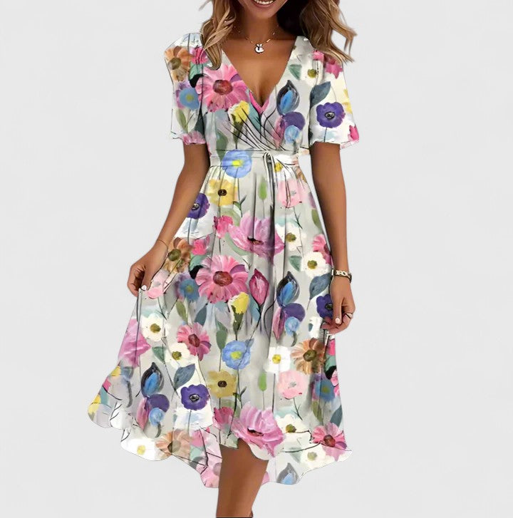 Floral Short Dress Women V-Neck Flutter Sleeve Hi-Low