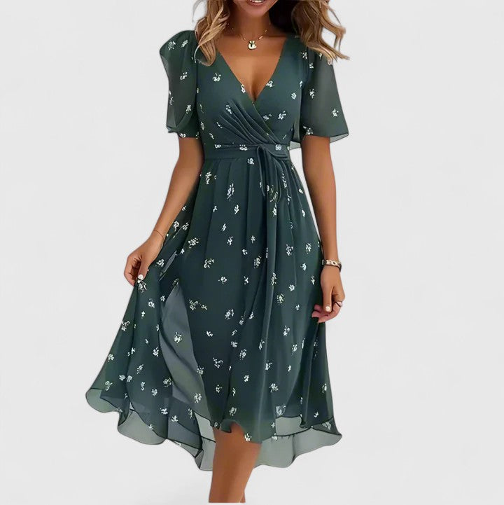 Floral Short Dress Women V-Neck Flutter Sleeve Hi-Low