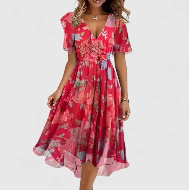 Floral Short Dress Women V-Neck Flutter Sleeve Hi-Low