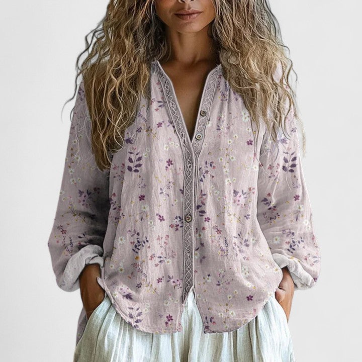 Printed Blouse Women Retro Leaf Relaxed Casual Elegant