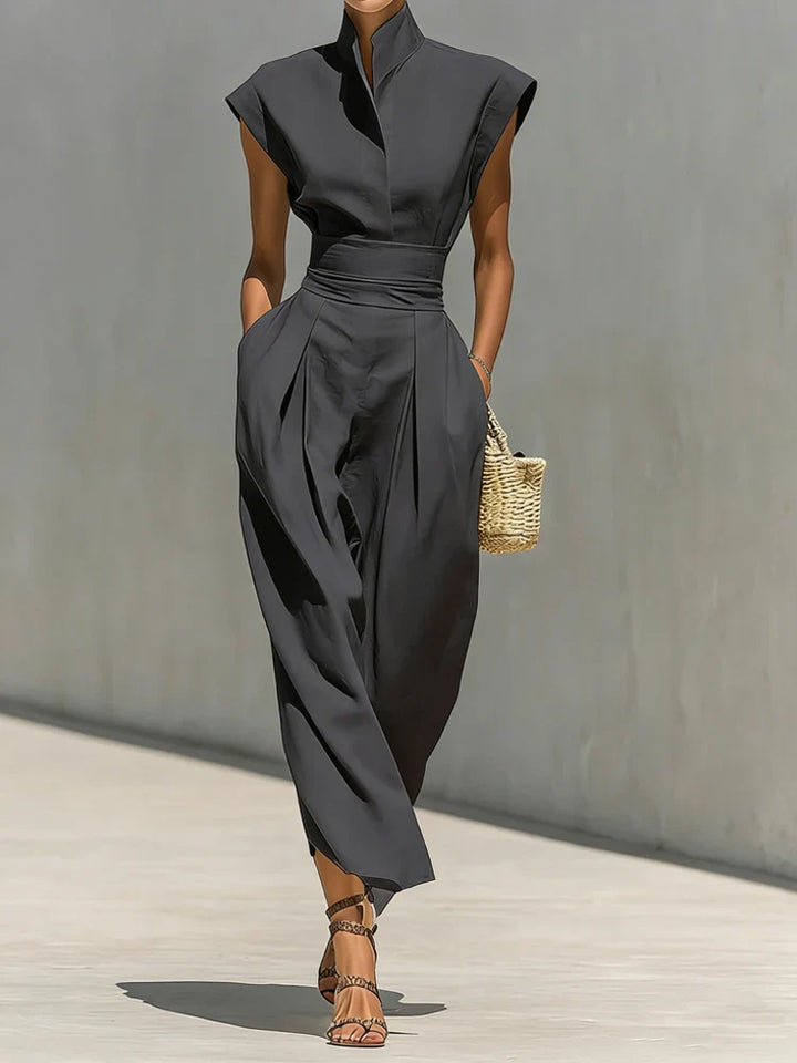 Structured Midi Dress Sleeveless Stand Collar Women