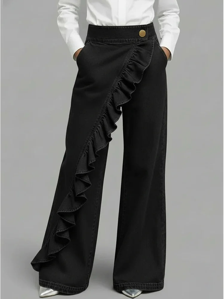 Wide Leg Denim Jeans with Asymmetrical Ruffle Detail