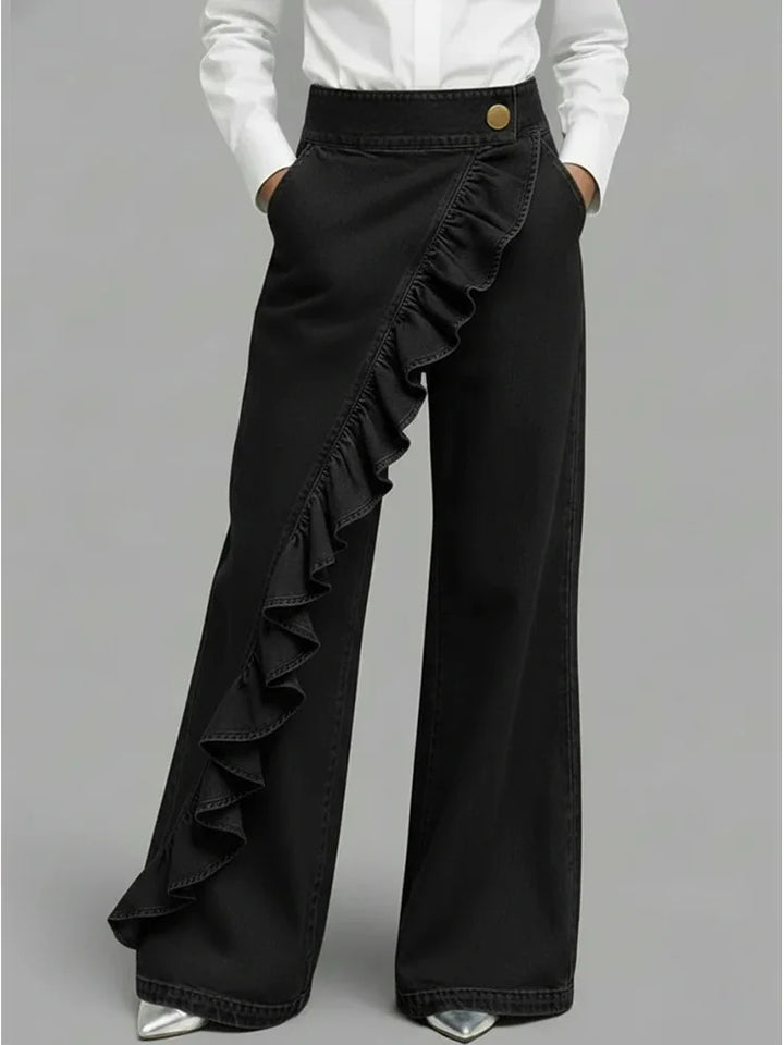 Wide Leg Denim Jeans with Asymmetrical Ruffle Detail