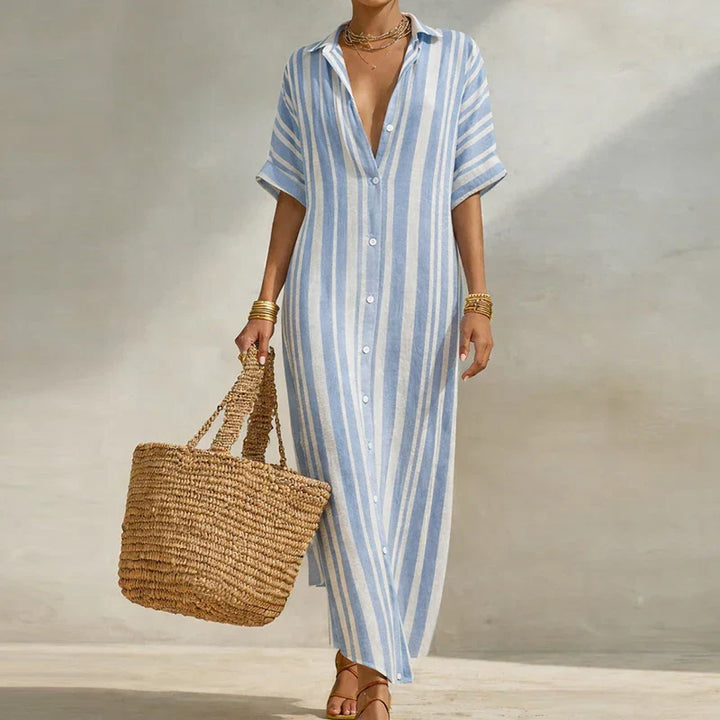 Women Linen Long Shirt Dress Striped V Neck Loose Fit