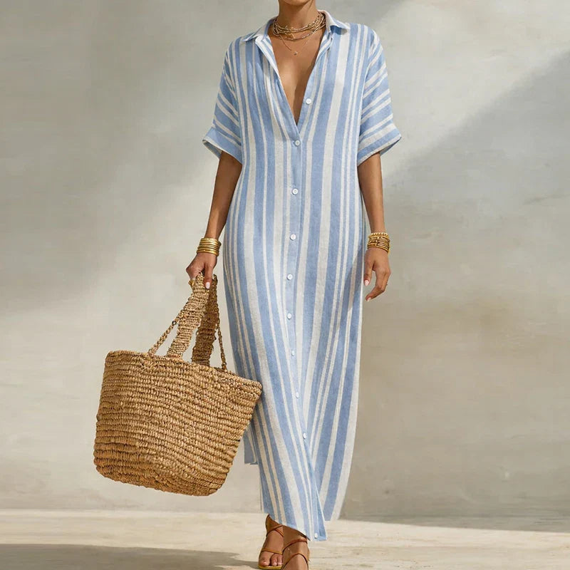 Womens Linen Blend Striped Long Shirt Dress