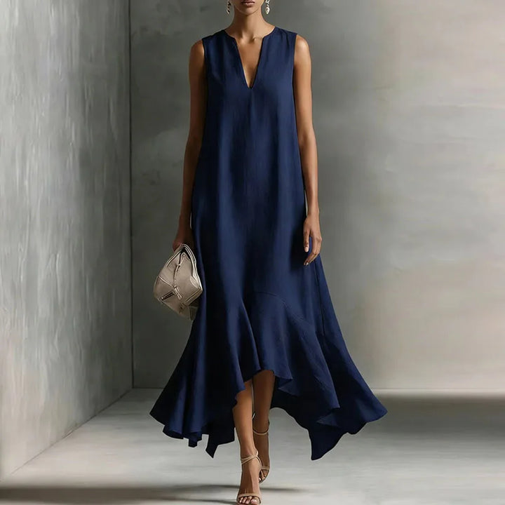 Women Flowy V Neck Sundress Ruffle Hem Sleeveless