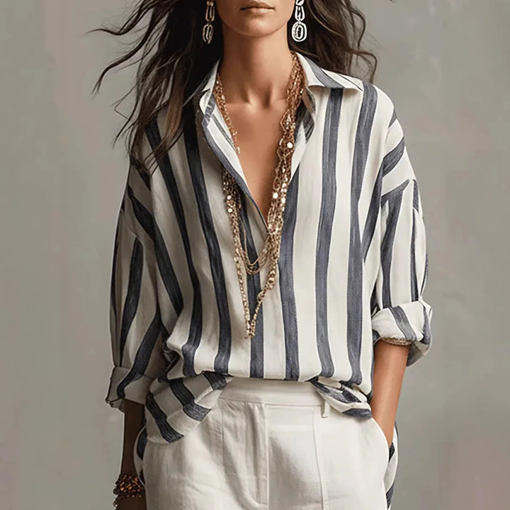 Linen Stripe Dress Shirt Relaxed Fit Women