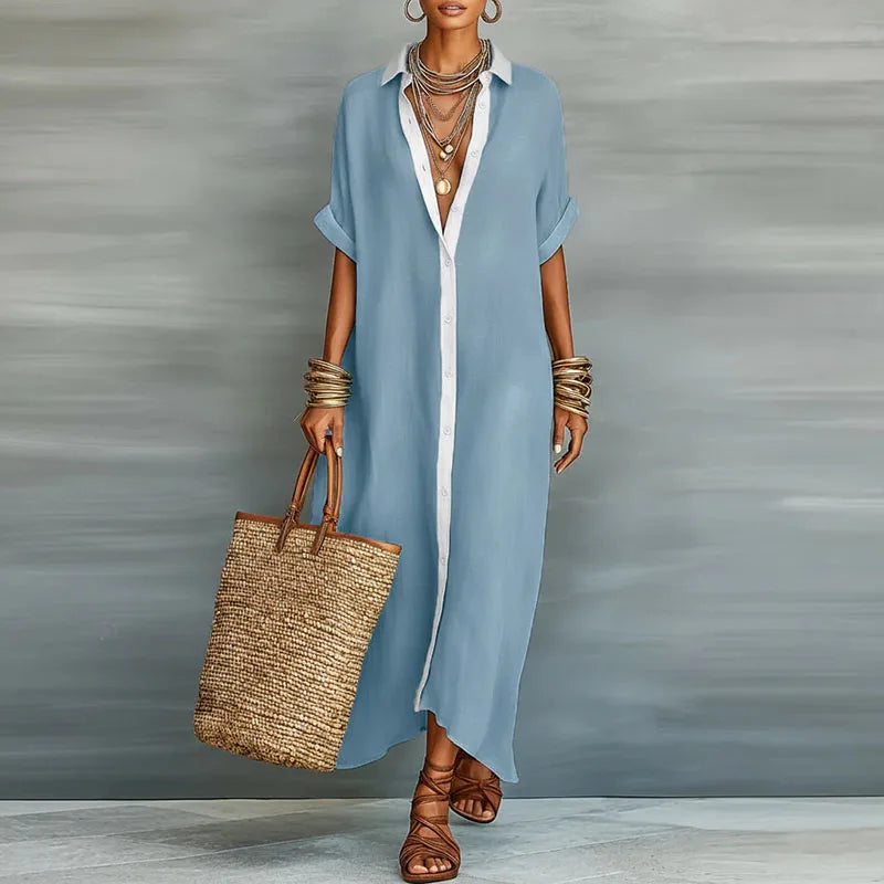 Linen Blend Maxi Shirt Dress Women Relaxed Fit
