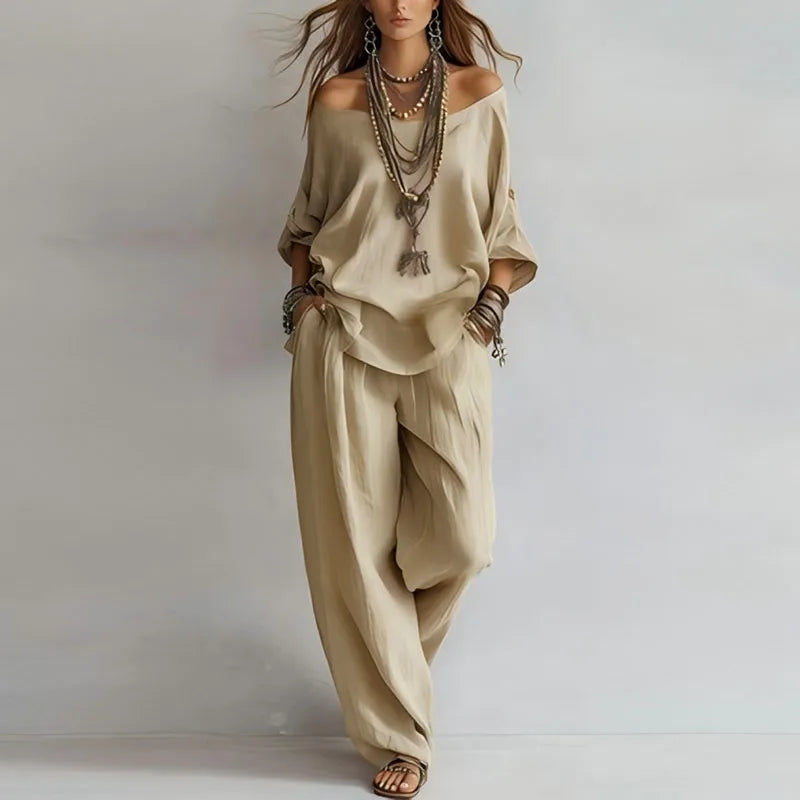 Off Shoulder Co-ord Set Wide Leg Trousers Women