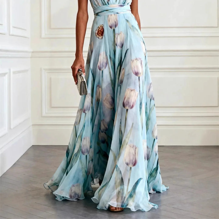 Floral Chiffon Wedding Guest Dress Women Sleeveless