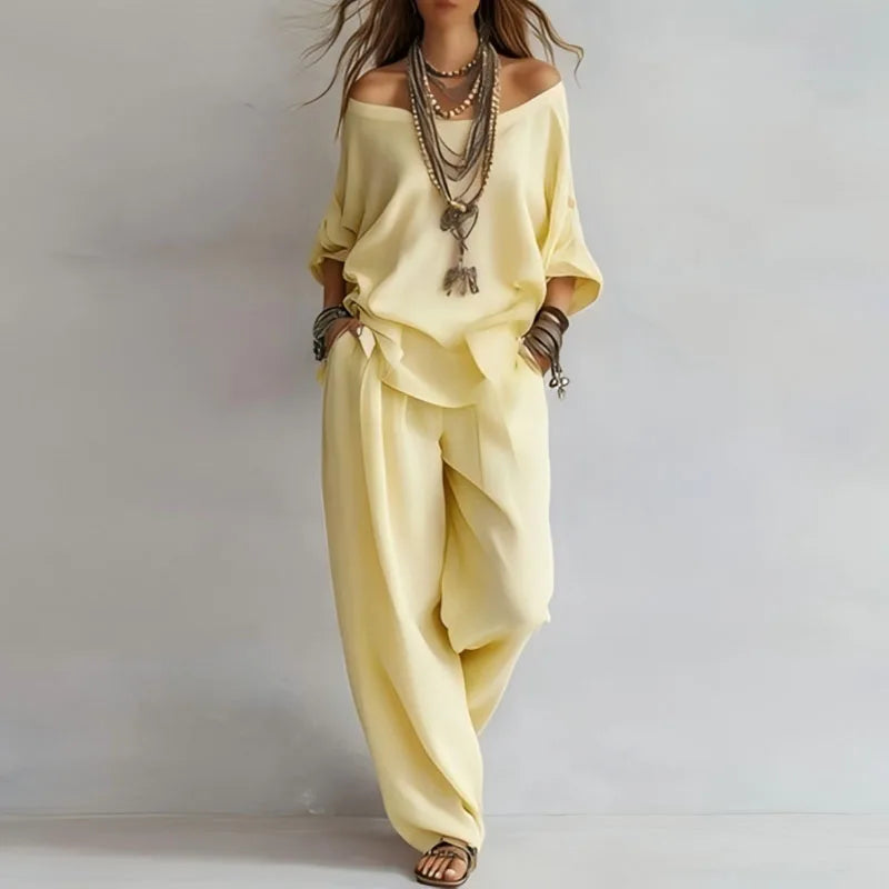 Off Shoulder Co-ord Set Wide Leg Trousers Women