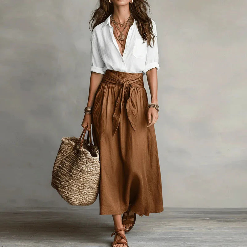 Womens Linen Co-Ord Blouse and Midi Skirt Set