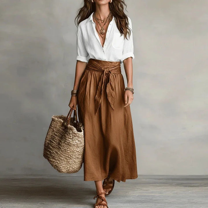 Womens Linen Co-Ord Blouse and Midi Skirt Set