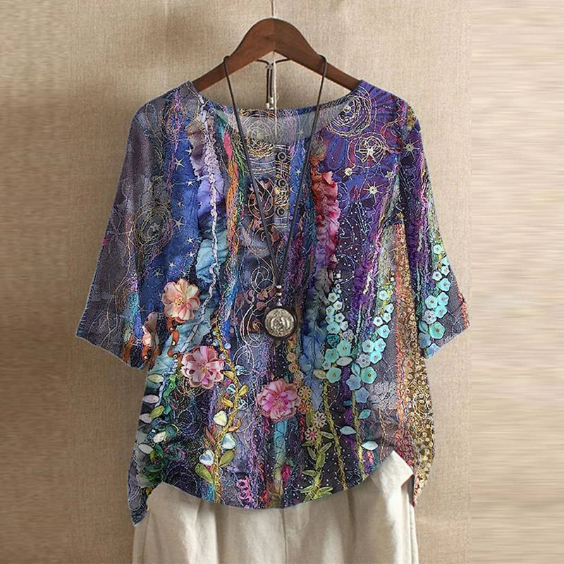 Vintage Floral Blouse Women Relaxed Fit Breathable Casual Elegant