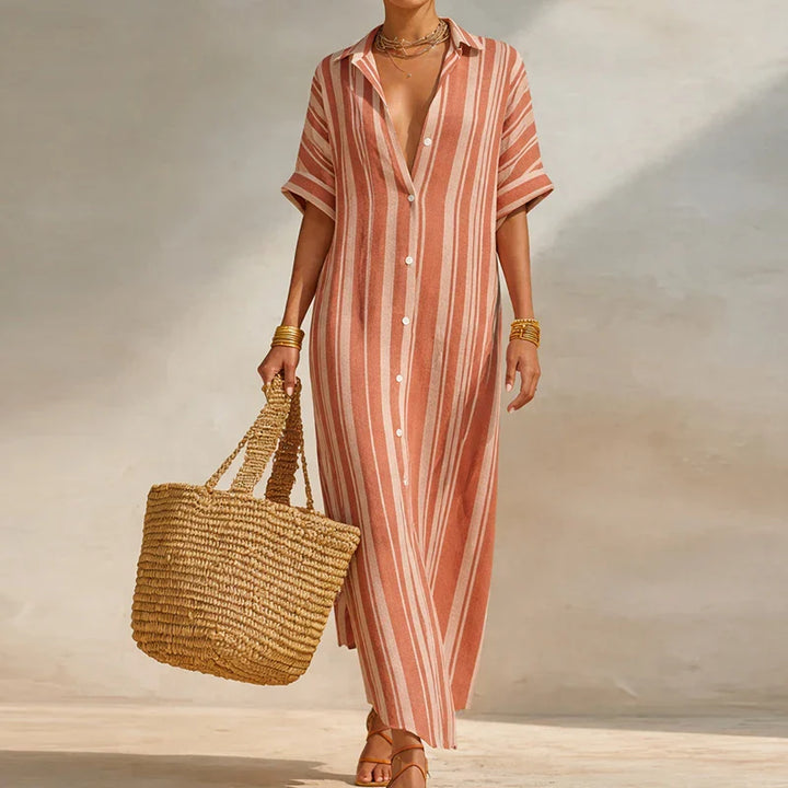 Women Linen Long Shirt Dress Striped V Neck Loose Fit